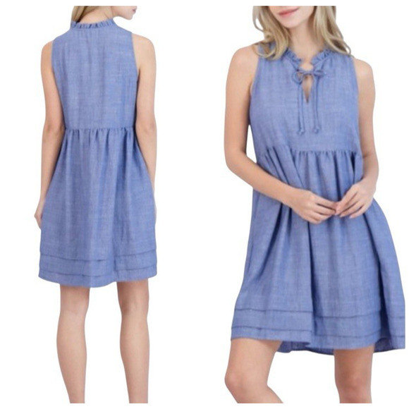 52seven Linen Blend Chambray Dress Sleeveless Size Large Blue Beach Babydoll - Picture 3 of 15